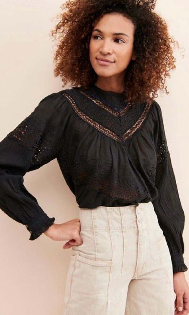 Free People Abigail Victorian Top Medium Black Eyelet Lace Boho